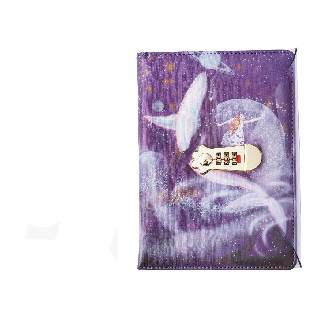 A5 lockable diary notebook with imitation leather cover in starry sky design, showing wire binding and closed lock.
