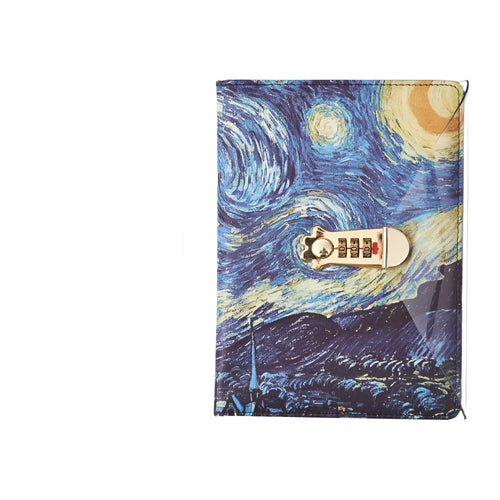 A5 lockable diary notebook with imitation leather cover in starry sky design, showing wire binding and closed lock.