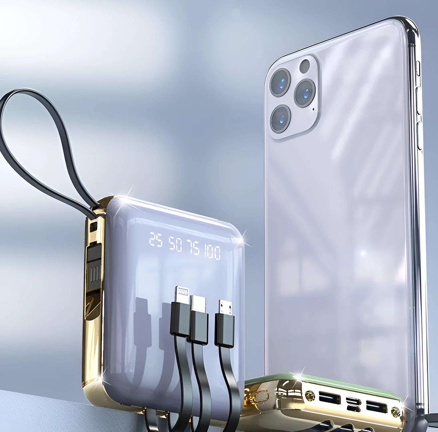 Four-wire digital display power bank in black, red, green, or purple showing LCD screen and attached cables