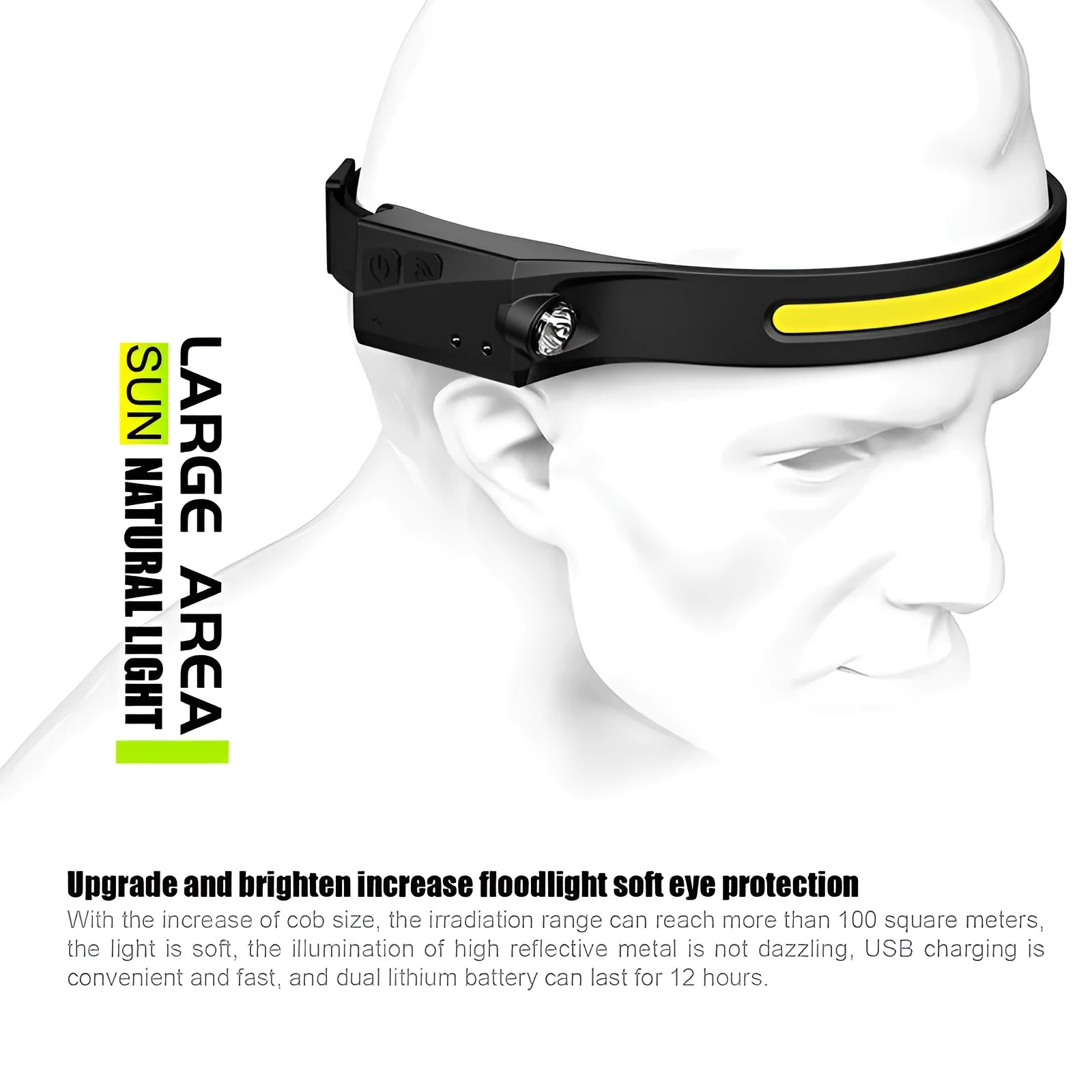 Black silicone rechargeable induction light with touch switch and silicone strap for hands-free use.