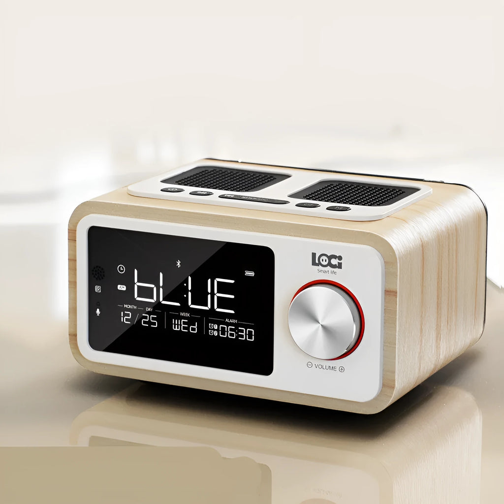 Wooden Bluetooth speaker alarm clock radio in golden oil colour showing front controls and speaker grilles
