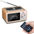 Wooden Bluetooth speaker alarm clock radio in golden oil colour showing front controls and speaker grilles