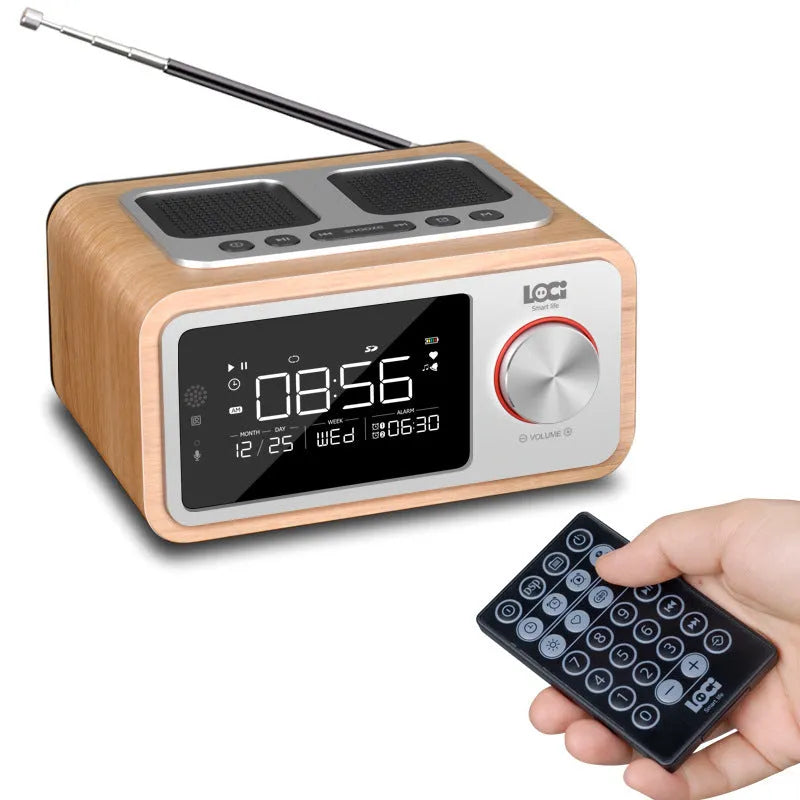 Wooden Bluetooth speaker alarm clock radio in golden oil colour showing front controls and speaker grilles