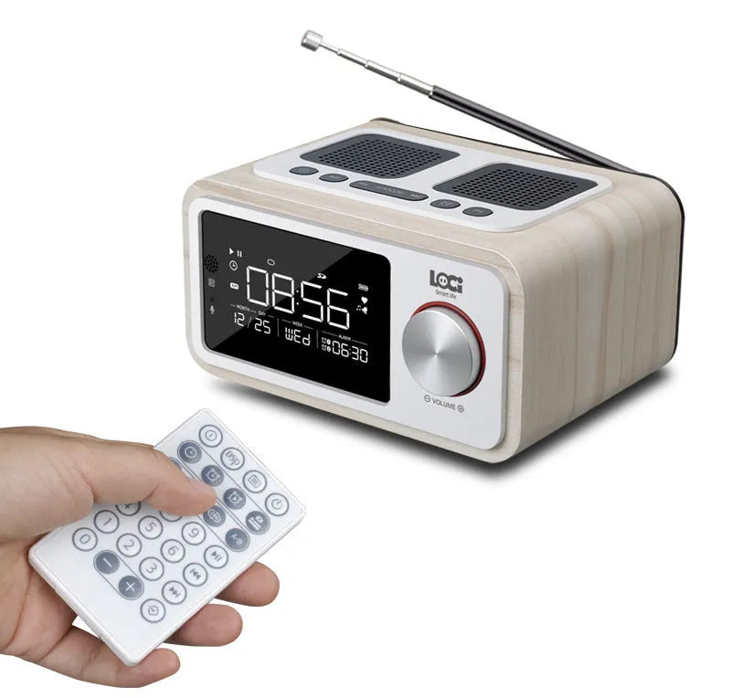 Wooden Bluetooth speaker alarm clock radio in golden oil colour showing front controls and speaker grilles