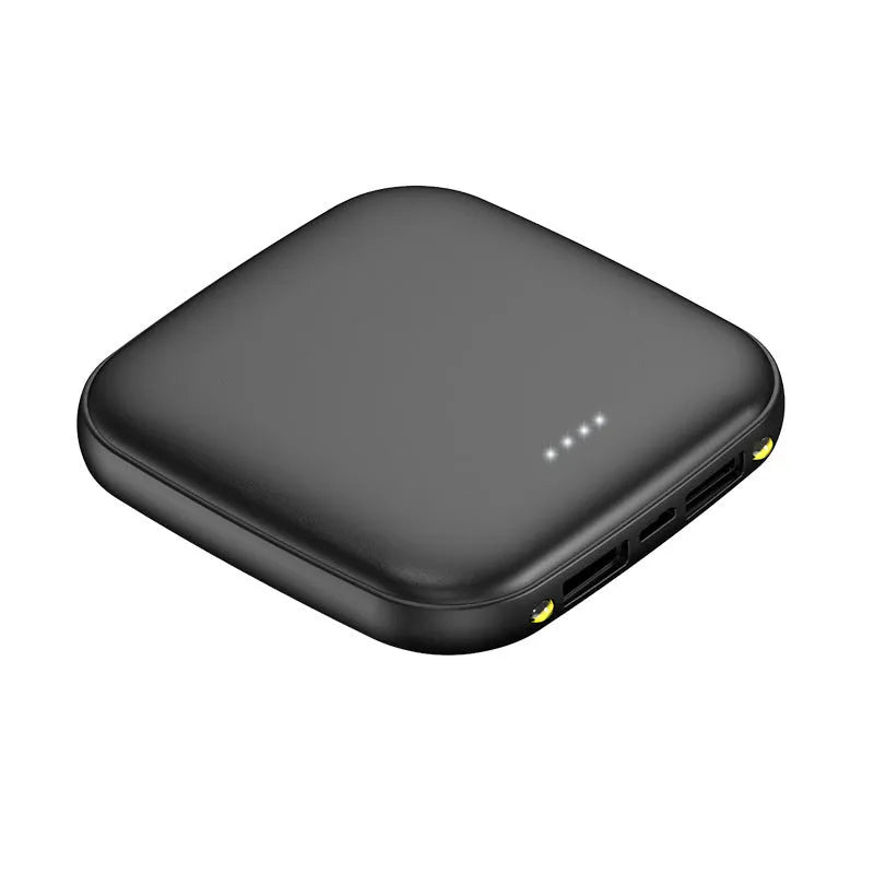 Compact black 20000mAh mini power bank with LED flashlight on white background
