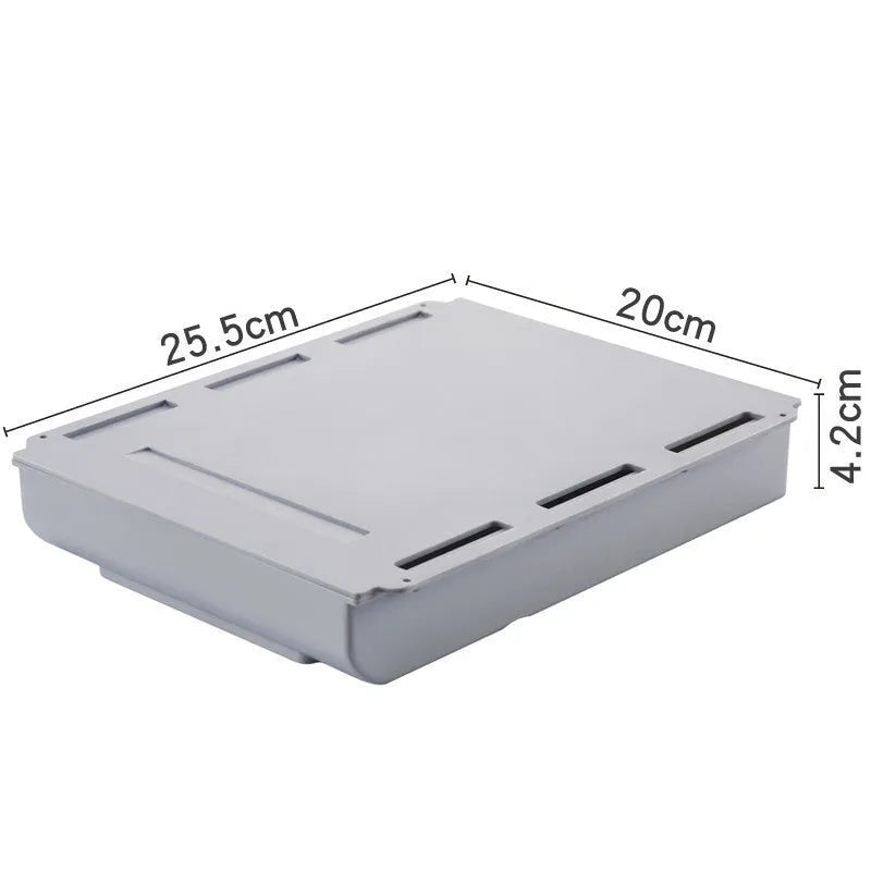 Grey Japanese style plastic storage box for stationery on a wooden desk.