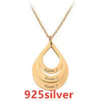 Custom engraved stainless steel pendant necklace with three water droplet design in gold, silver, and rose gold