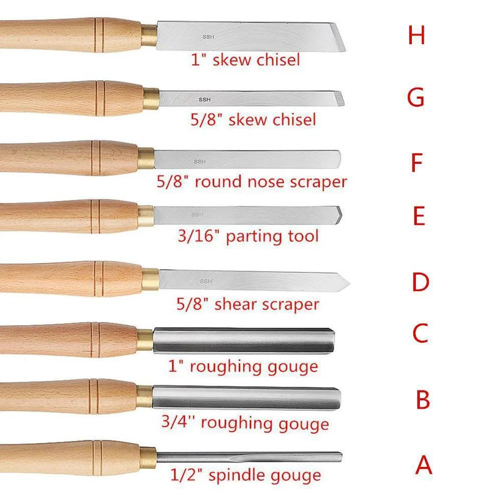 Eight chrome vanadium steel woodturning tools in a wooden storage box, including a handle, scraper, hook knife, and skew chisel.