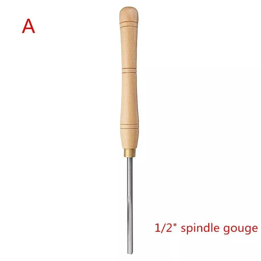 Eight chrome vanadium steel woodturning tools in a wooden storage box, including a handle, scraper, hook knife, and skew chisel.