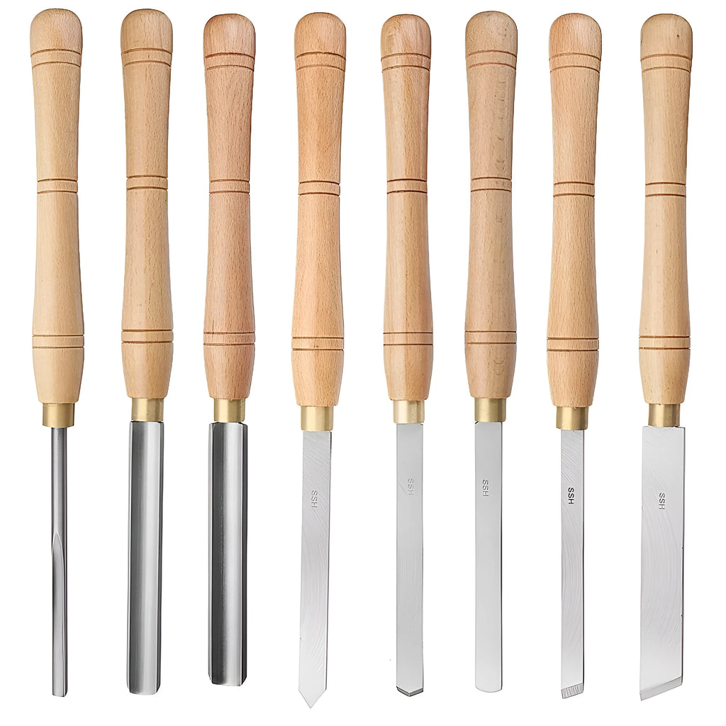 Eight chrome vanadium steel woodturning tools in a wooden storage box, including a handle, scraper, hook knife, and skew chisel.
