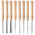 Eight chrome vanadium steel woodturning tools in a wooden storage box, including a handle, scraper, hook knife, and skew chisel.