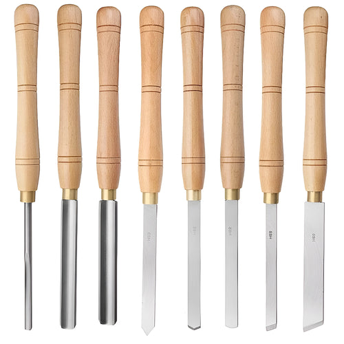 Eight chrome vanadium steel woodturning tools in a wooden storage box, including a handle, scraper, hook knife, and skew chisel.