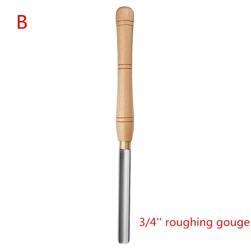 Eight chrome vanadium steel woodturning tools in a wooden storage box, including a handle, scraper, hook knife, and skew chisel.