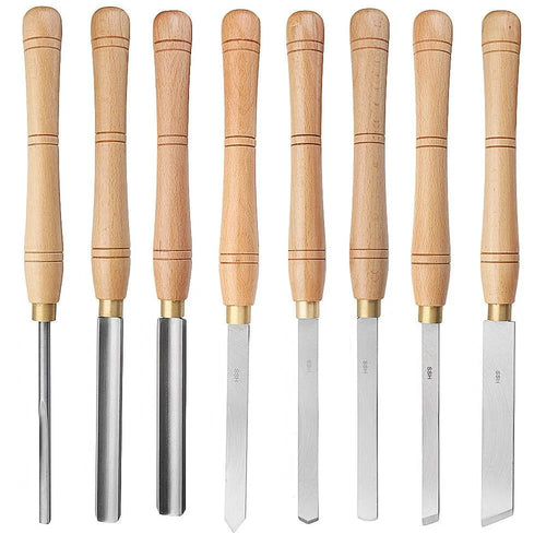 Eight chrome vanadium steel woodturning tools in a wooden storage box, including a handle, scraper, hook knife, and skew chisel.