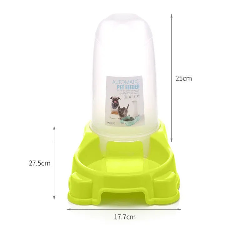 Pet automatic food water dispenser bowl in pink, blue, and yellow, 27.5x17.7cm, made from new PP material