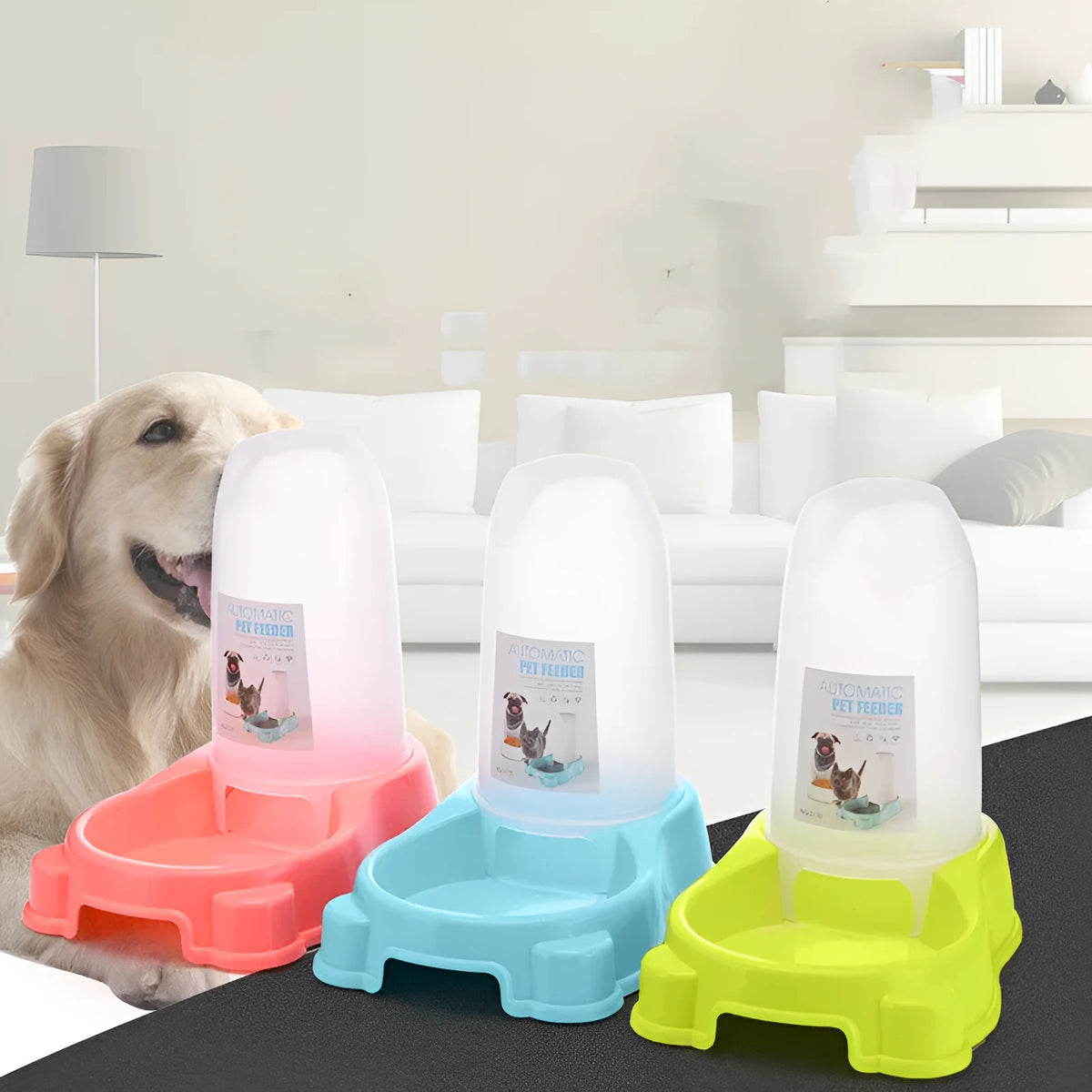 Pet automatic food water dispenser bowl in pink, blue, and yellow, 27.5x17.7cm, made from new PP material