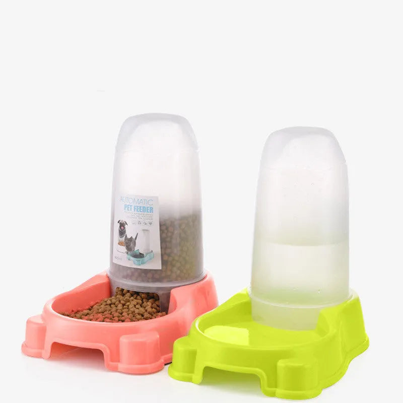 Pet automatic food water dispenser bowl in pink, blue, and yellow, 27.5x17.7cm, made from new PP material