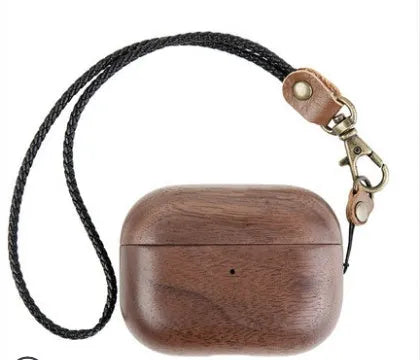 Solid wood AirPods case in walnut or maple with leather hand strap, compatible with AirPods 1, 2, 3 and Pro