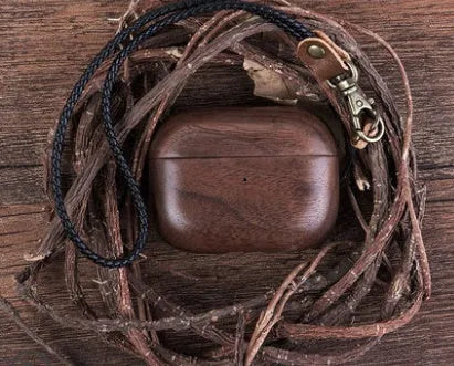 Solid wood AirPods case in walnut or maple with leather hand strap, compatible with AirPods 1, 2, 3 and Pro