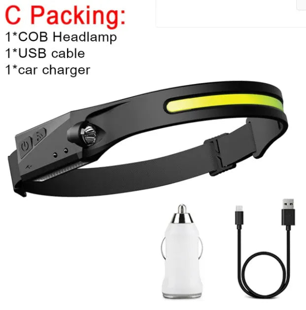 Black silicone rechargeable induction light with touch switch and silicone strap for hands-free use.