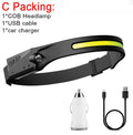 Black silicone rechargeable induction light with touch switch and silicone strap for hands-free use.