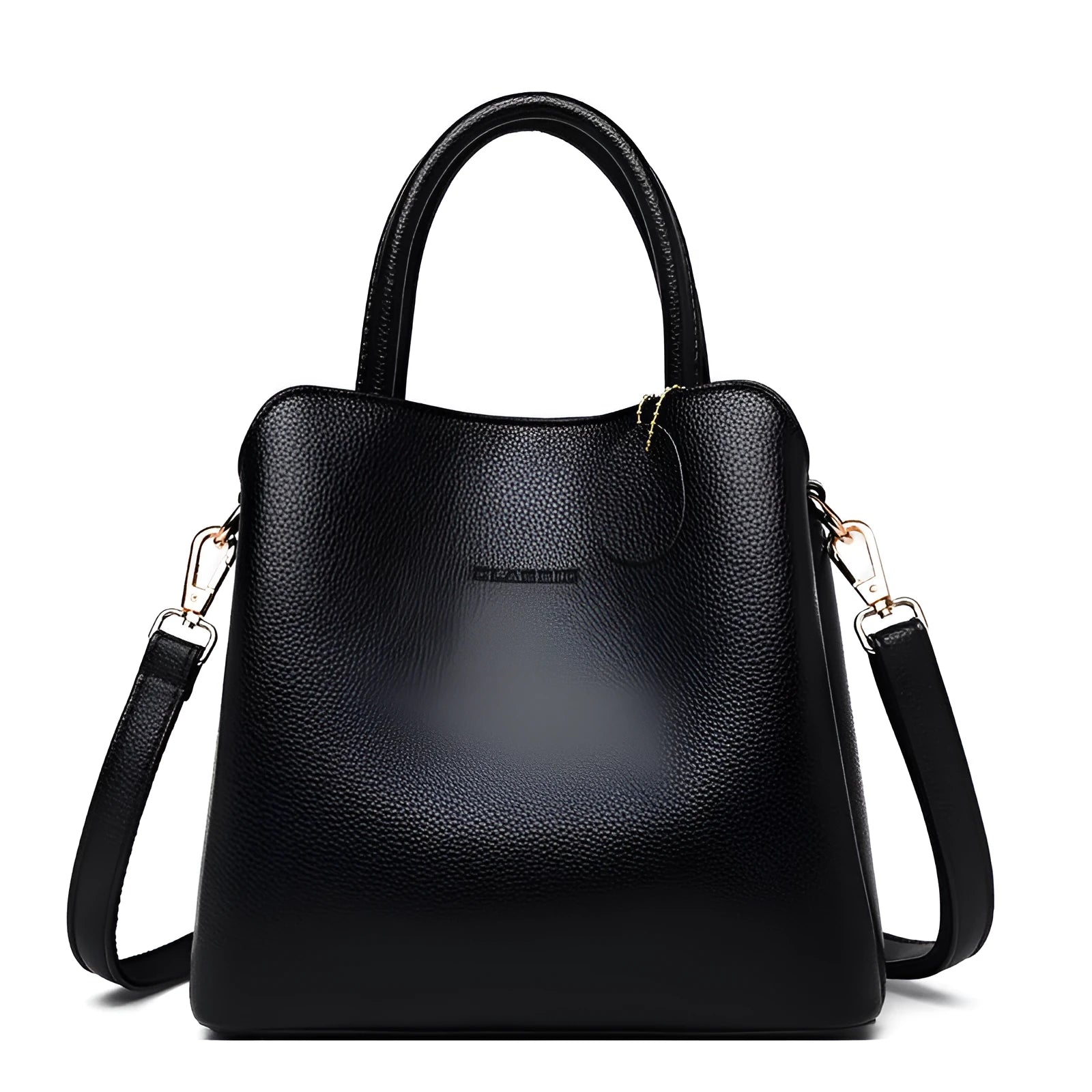 Ya Shi Mei Duo women's medium PU leather bucket bag with litchi pattern in black, soft handle and zipper closure