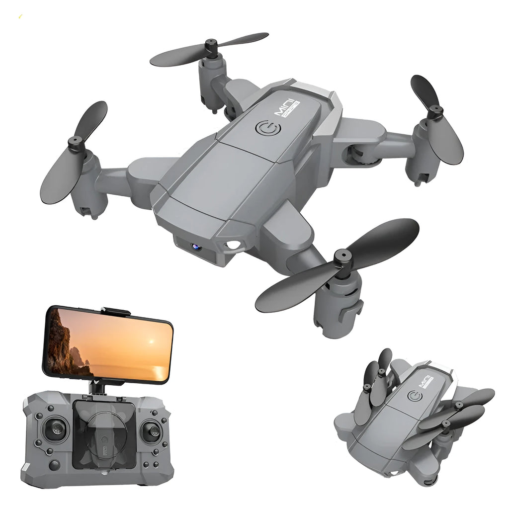 Mini folding 4K camera drone with plastic body and storage bag on a desk