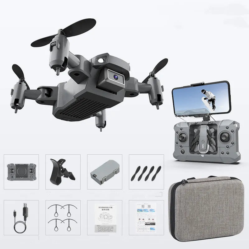 Mini folding 4K camera drone with plastic body and storage bag on a desk