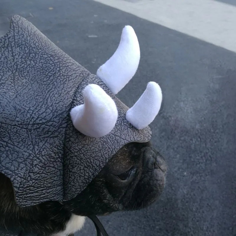 Grey cloth triceratops dinosaur hat on a pet dog or cat, one-size headgear costume accessory