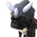 Grey cloth triceratops dinosaur hat on a pet dog or cat, one-size headgear costume accessory