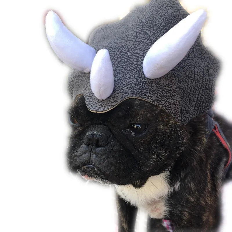 Grey cloth triceratops dinosaur hat on a pet dog or cat, one-size headgear costume accessory