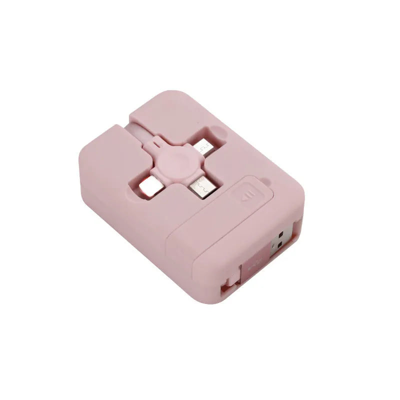 Macaron telescopic bracket three-in-one charging cable extended, showing USB, Lightning and Type-C connectors