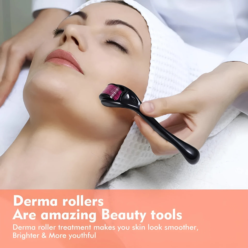 Black handle microneedle roller with medical steel needles for wrinkle and scar treatment