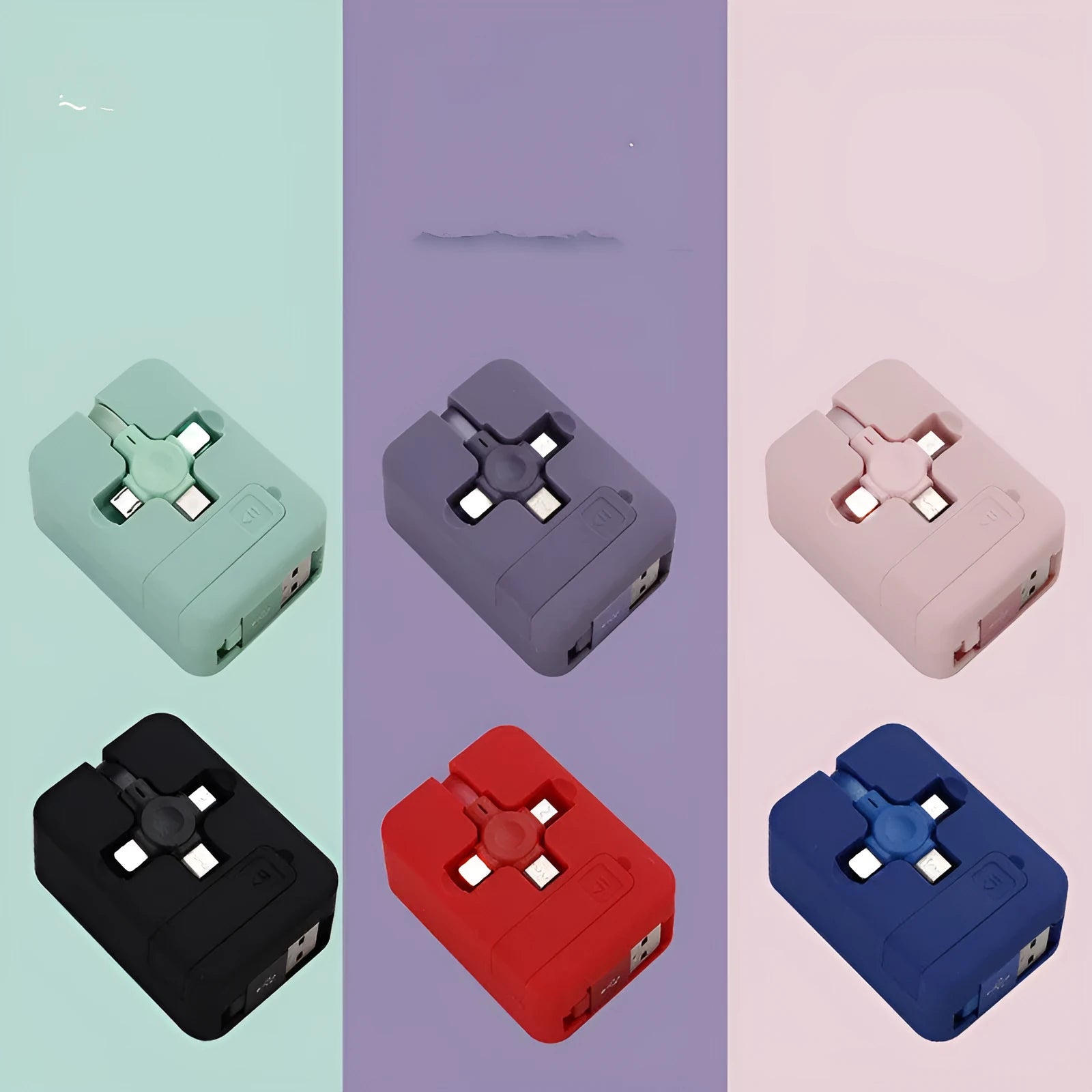 Macaron telescopic bracket three-in-one charging cable extended, showing USB, Lightning and Type-C connectors