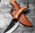 Stainless steel boning knife with rosewood handle, one-piece design, for meat and fish preparation.