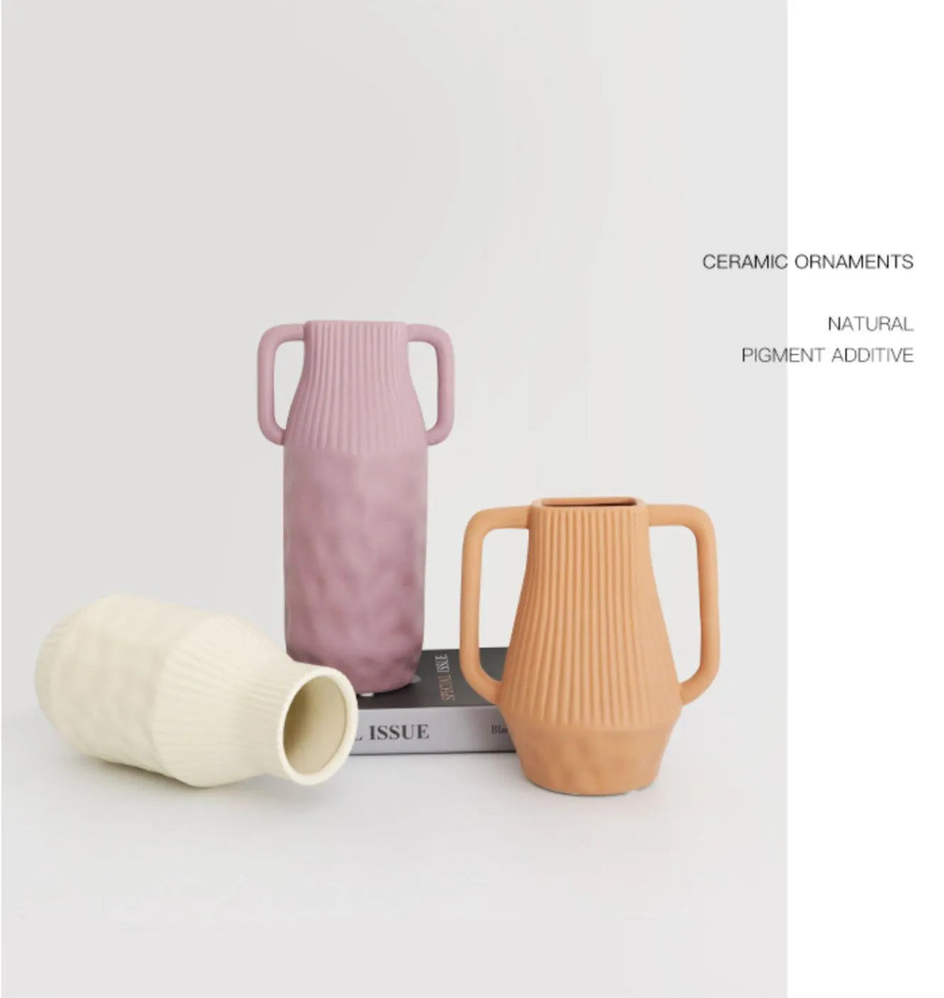 Nordic style ceramic vase with hammer texture and Morandi colour glaze in beige, brown, or purple.
