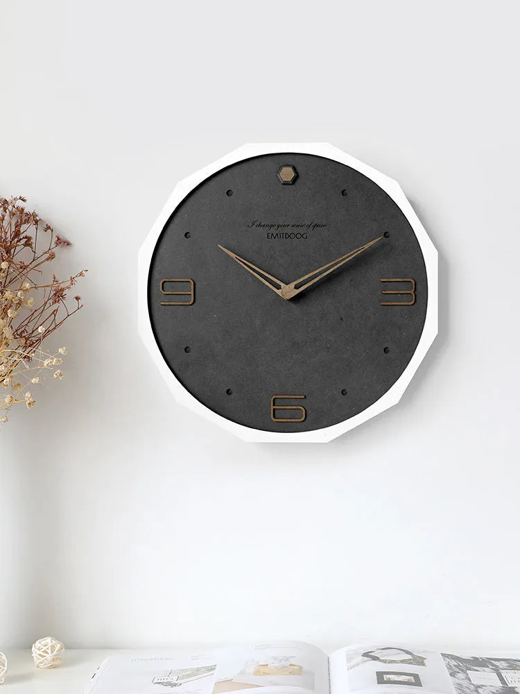 Nordic minimalist round wall clock with perforated 12 inch face in Geralt mirror material