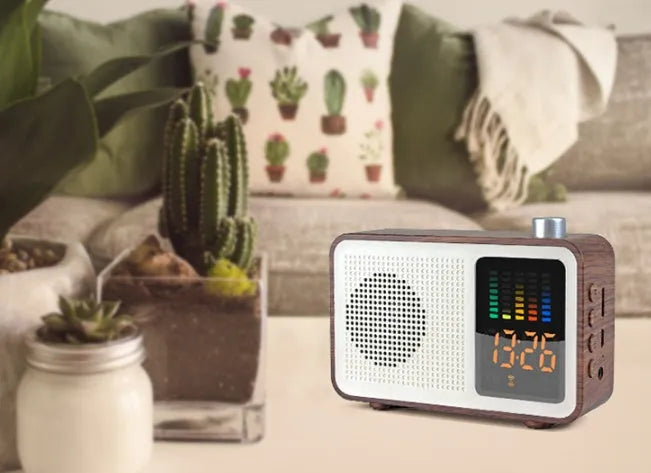 Brown wood grain retro Bluetooth speaker radio with AM/FM reception and portable design