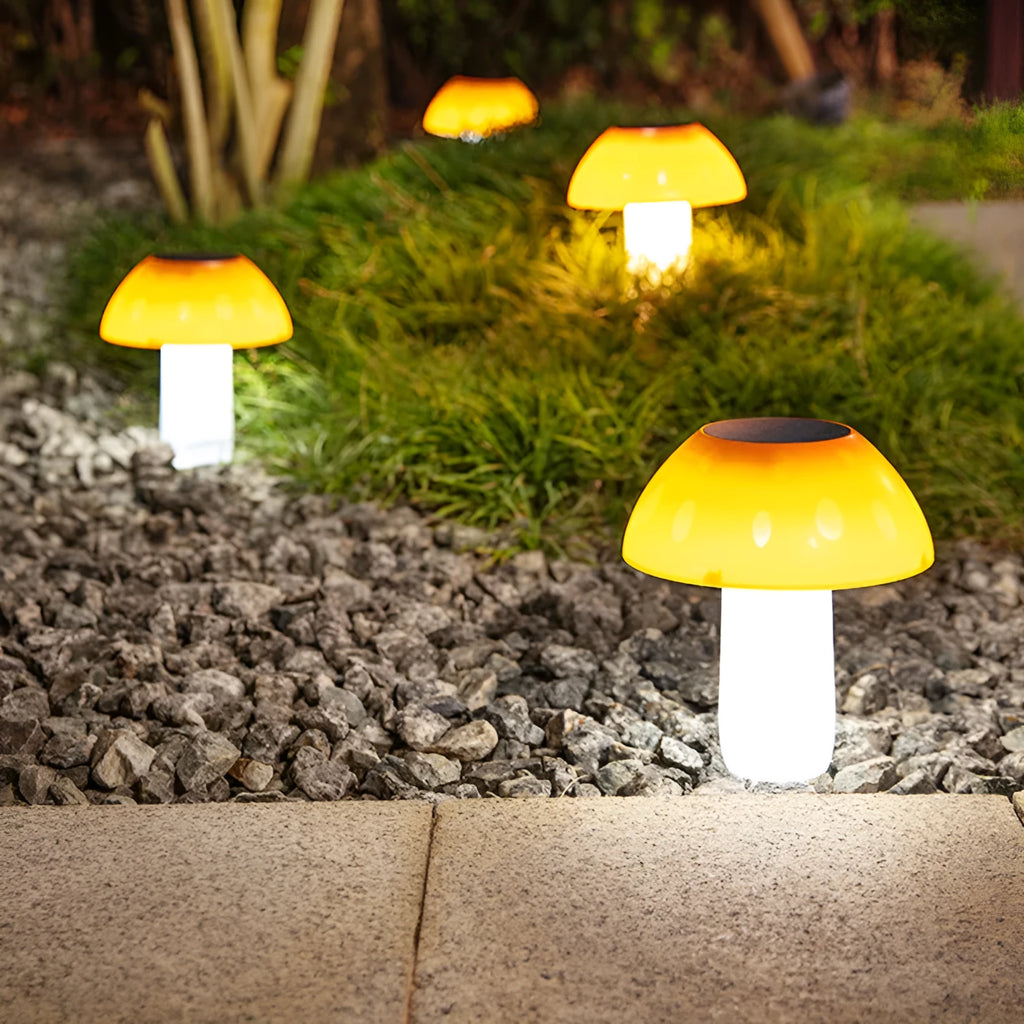 Solar mushroom garden light with ground stake for lawn installation