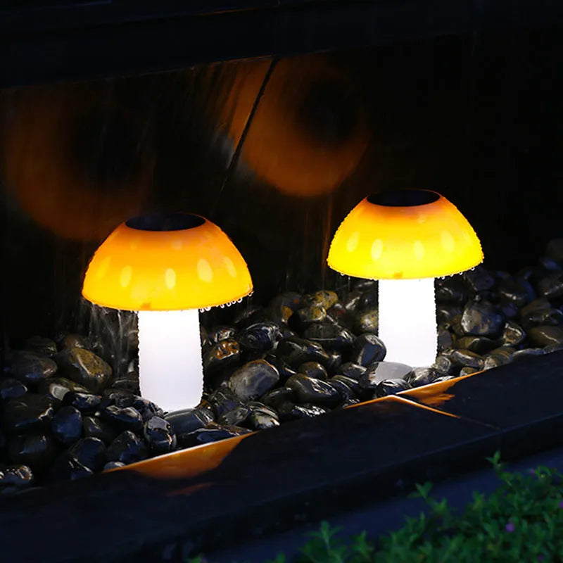 Solar mushroom garden light with ground stake for lawn installation