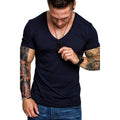 Men's V-neck short sleeve plain t-shirt in solid colour, cotton blend slim fit top, sizes M to 3XL