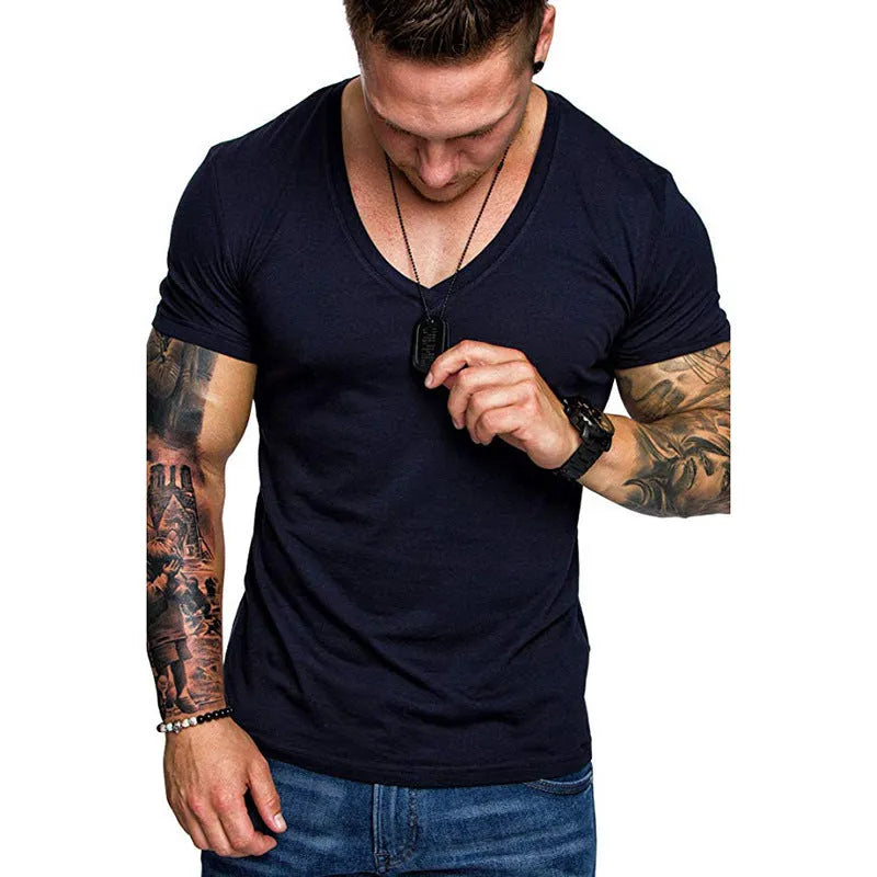 Men's V-neck short sleeve plain t-shirt in solid colour, cotton blend slim fit top, sizes M to 3XL