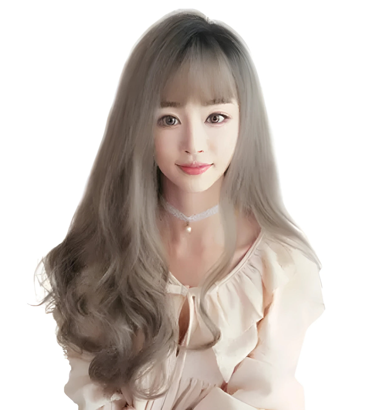 Long curly wig with air bangs, big wavy pear flower style, 62cm high temperature wire fibre, women's headgear