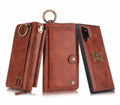 Black PU leather mobile phone wallet case with zip closure, shown next to cards for Samsung and iPhone models.
