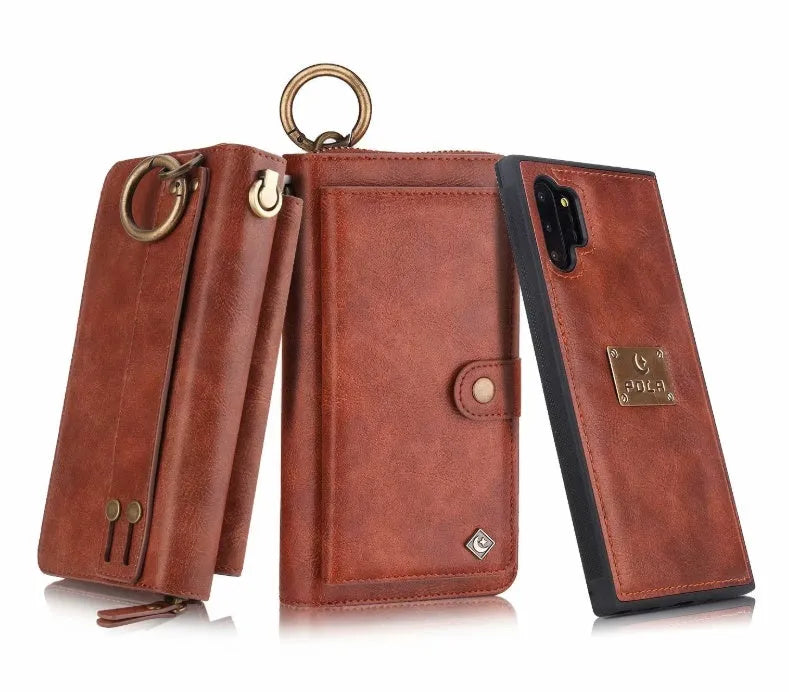 Black PU leather mobile phone wallet case with zip closure, shown next to cards for Samsung and iPhone models.