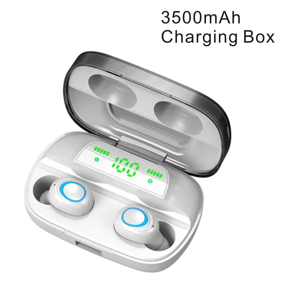 M11 5.0 Bluetooth headset in black with IPX7 waterproof rating and 1200mAh charging case