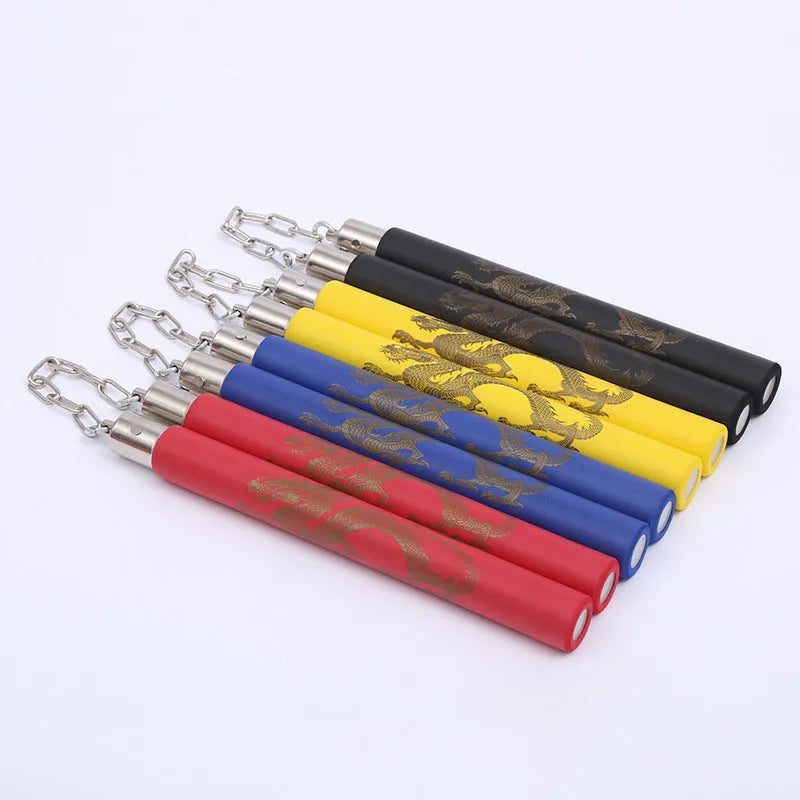Sponge-covered nunchakus with red EVA exterior on PVC sticks connected by iron chain