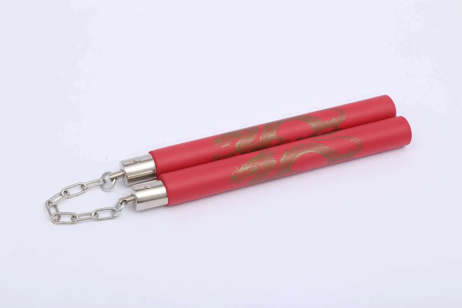 Sponge-covered nunchakus with red EVA exterior on PVC sticks connected by iron chain