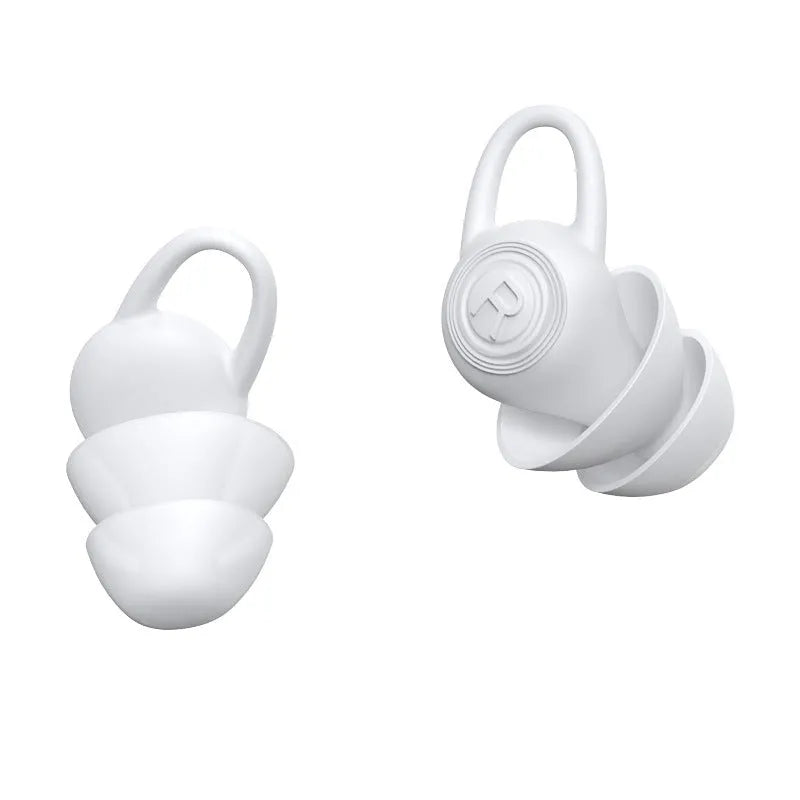 Soft white silicone ear plugs for noise reduction, shown with individual packaging