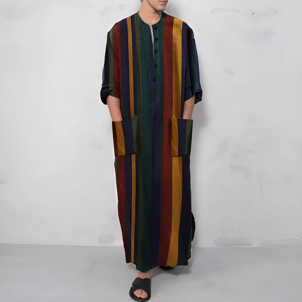 Men's cotton Arab robe in red or yellow with retro striped print, long sleeve, sizes S to 3XL
